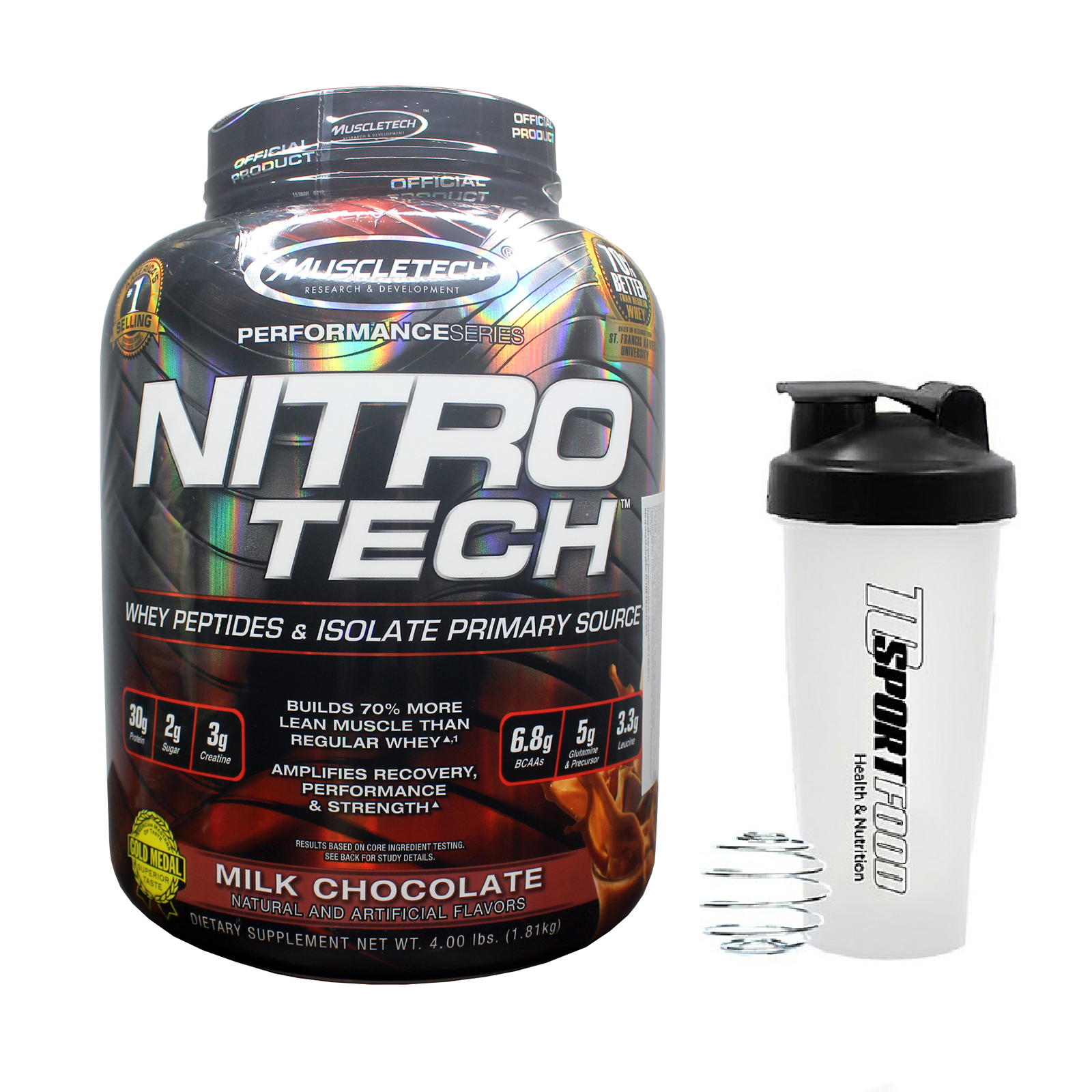 Combo Sữa tăng cơ cao cấp Nitro Tech của Muscletech hương Chocolate hộp 4lbs hỗ trợ tăng cơ, giảm mỡ & Bình lắc 600ml (mẫu ngẫu nhiên)