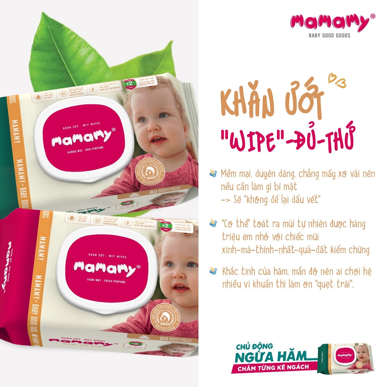 Khăn Ướt MAMAMY Không Mùi Hoặc Mùi Dịu Nhẹ Ngừa Hăm, Rôm Sảy Cho Bé