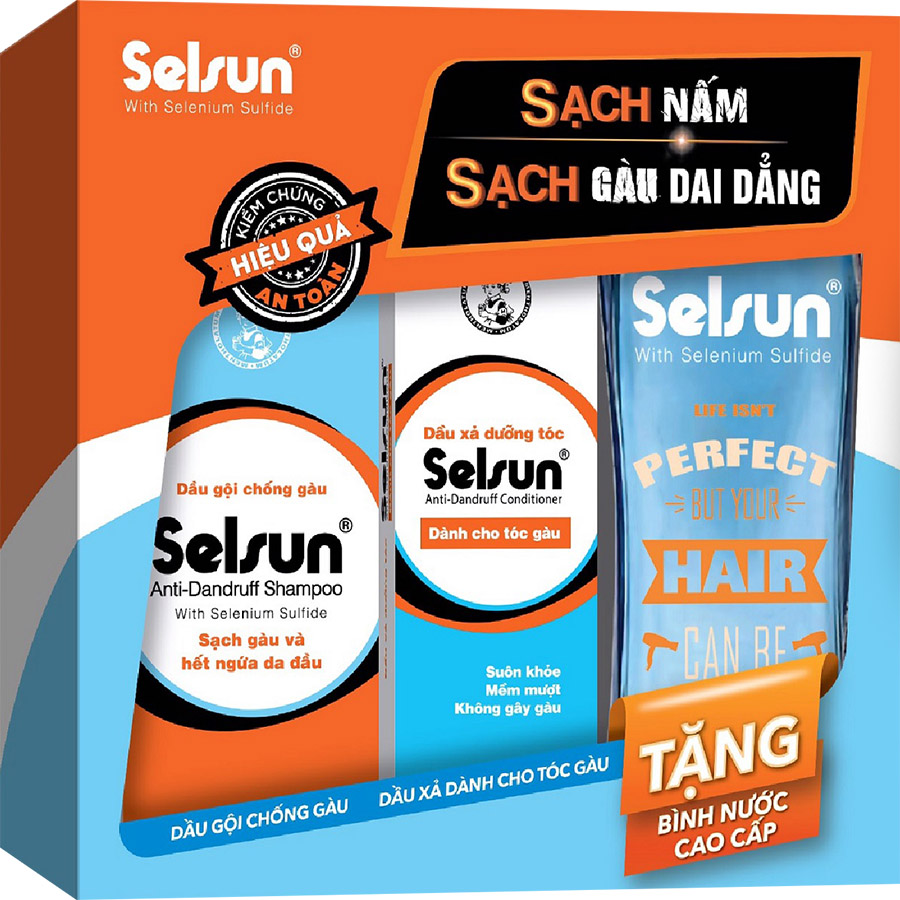 Hộp quà chống gàu dưỡng tóc Selsun (Dầu gội + Dầu xả) + Bình nước tiện dụng Selsun