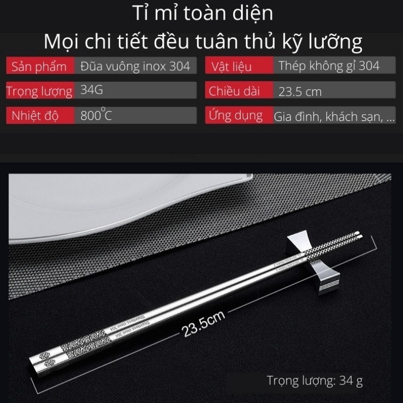 Đũa Inox 304 Kháng Khuẩn Không Trơn Trượt Hoa Văn Tinh Tế  BUGU SK-P02 - Hàng Chính Hãng