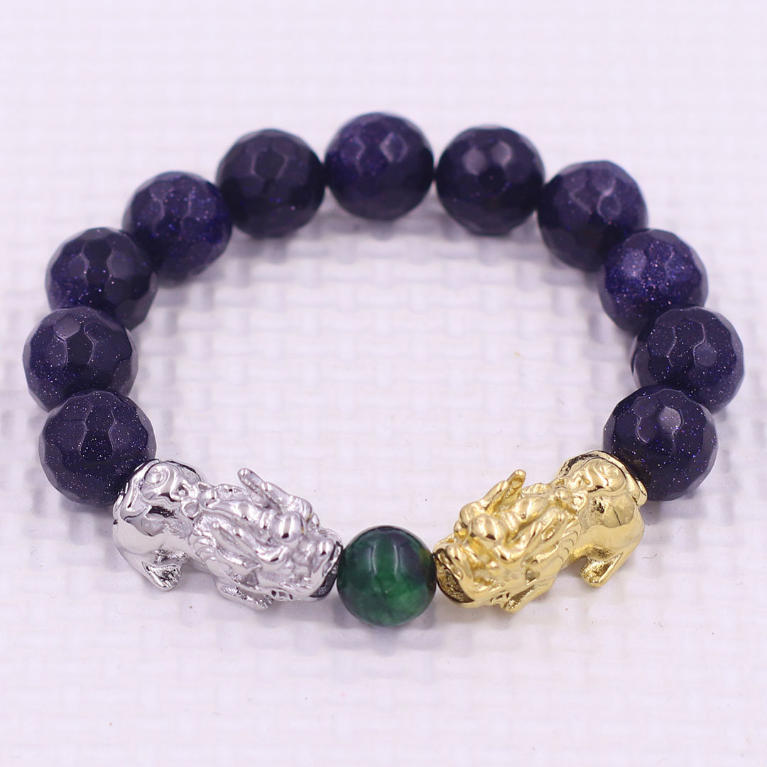 Vòng chuỗi đeo tay đá lam sa cắt giác 12 ly charm tỳ hưu đôi inox trắng và vàng, vòng chuỗi phong thủy, charm tỳ hưu, vòng tay hạt chuỗi