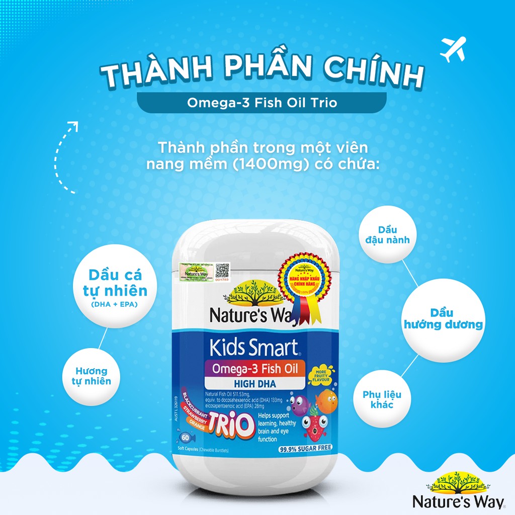 Viên Uống Dầu Cá Nature's Way Omega-3 Fish Oil Trio Giúp Bổ Sung DHA Phát Triển Trí Tuệ Cho Bé 60 Viên