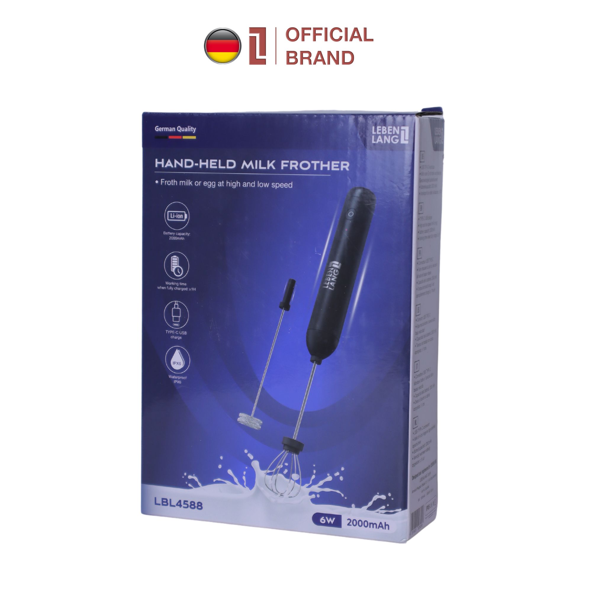 Máy đánh trứng, máy đánh bọt cafe cầm tay mini Lebenlang LBL4588, 2 tốc độ, sạc pin usb tiện dụng - hàng chính hãng