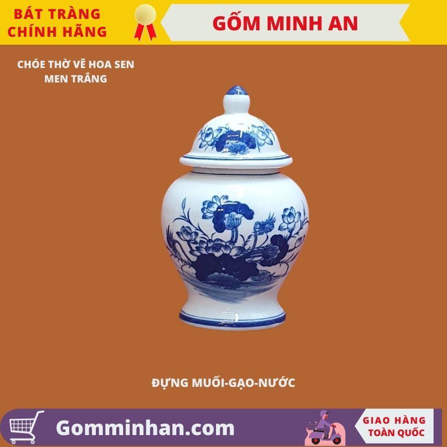 Chóe Thờ Chóe Cúng trên Ban Thờ-Vẽ Hoa Sen Cao Cấp Men Trắng- Gốm Sứ Bát Tràng- Gốm Minh An