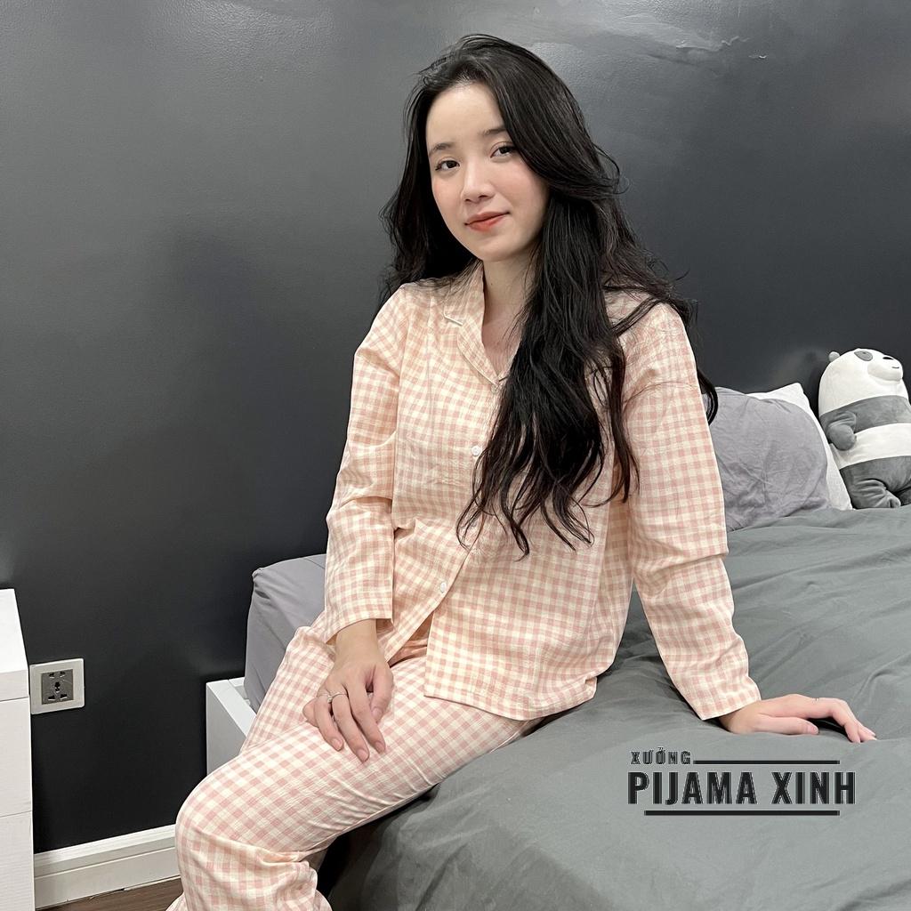 Bộ Ngủ Nữ Pyjama Đũi Xốp Dài Tay Họa Tiết Caro Hồng Dễ Thương Cho Nữ Mặc Nhàà