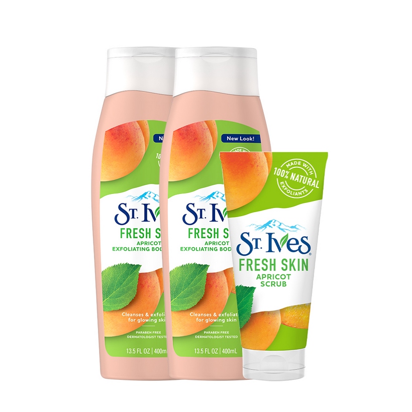 Bộ sữa tắm St.Ives Chiết Xuất Trái Mơ (400ml x 2) + Sữa rửa mặt tươi mát St.Ives Chiết Xuất Trái Mơ 170g