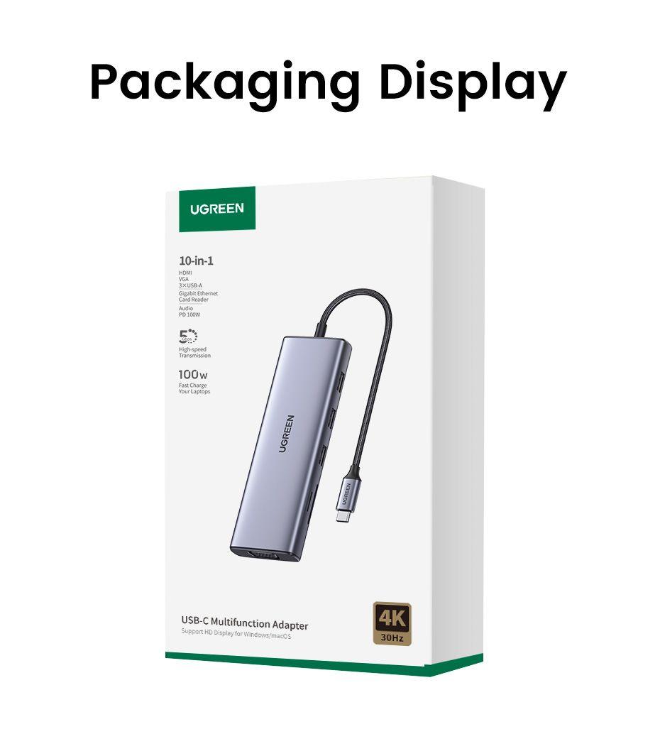 Ugreen UG15601CM498TK USB type C sang 1 x HDMI 4K30hz + 1 x VGA xuất cùng lúc + 1 x RJ45 1Gbps + TF + SD + 3 x USB 3.0 + 1 x 3.5mm NO MIC + 1 x USB-C PD 100W Bộ chuyển 10in1 - HÀNG CHÍNH HÃNG