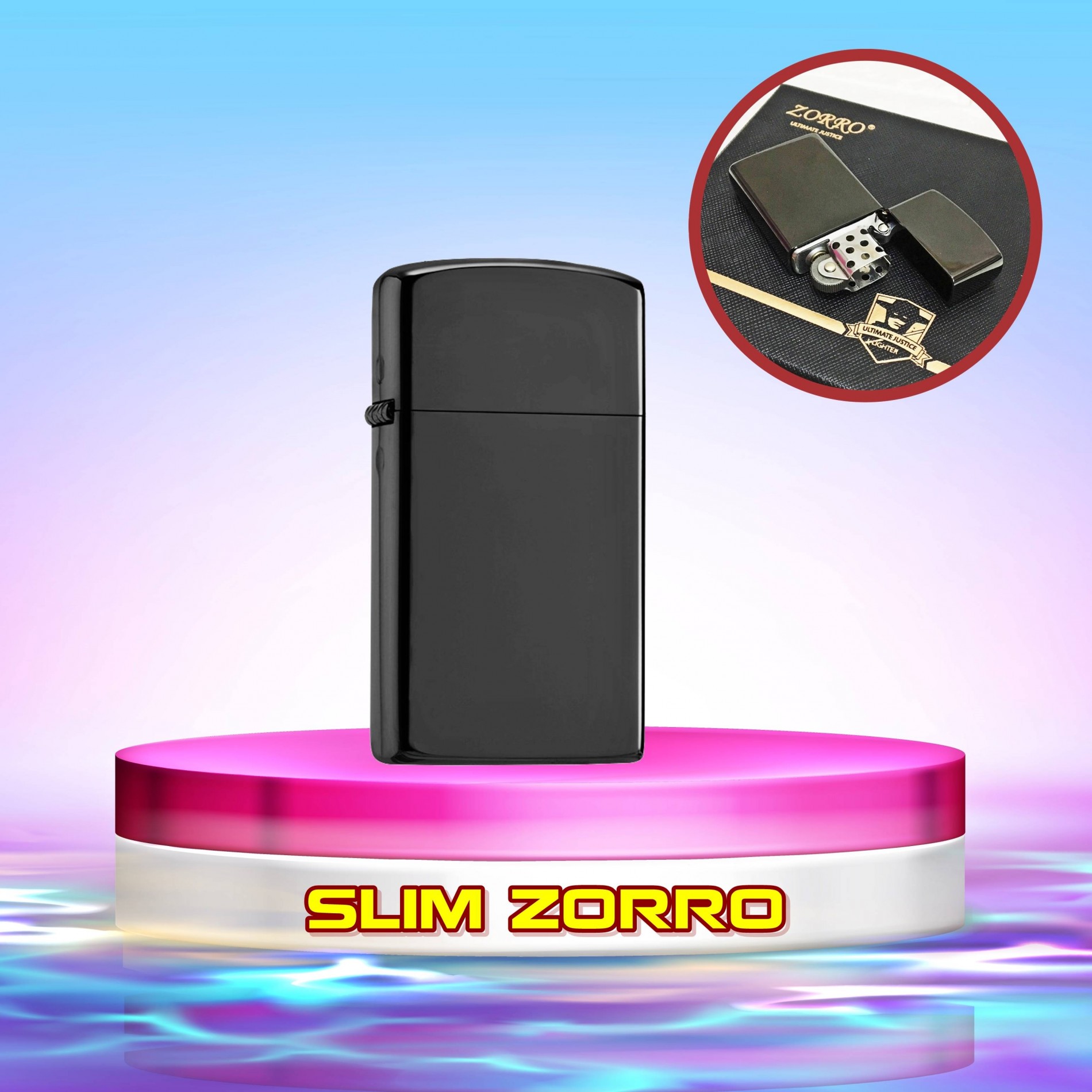 Hột quẹt bật lửa SLIM ZORRO Đen trơn bóng Fullbox - xài xăng