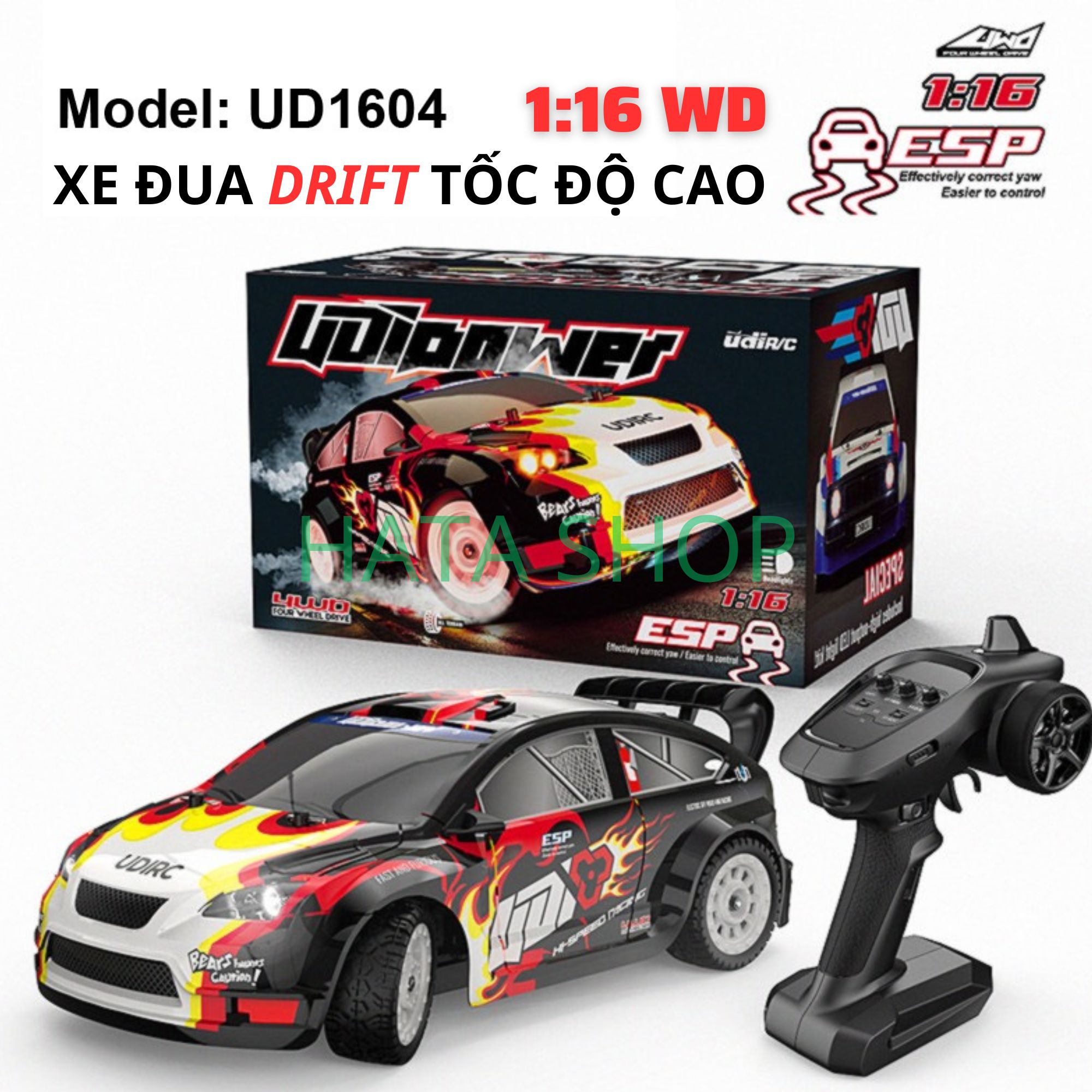 Xe Đua Drift UD1604 Tốc Độ Cao 40km/h Điều Khiển Từ Xa UDIPOWER Tỉ Lệ 1:16 4WD 2.4G, mô hình xe điều khiển từ ca tốc độ cao động cơ chổi than