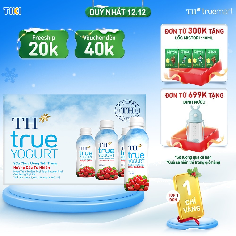 Thùng 48 chai sữa chua uống tiệt trùng hương dâu tự nhiên TH True Yogurt 180ml (180ml x 48)