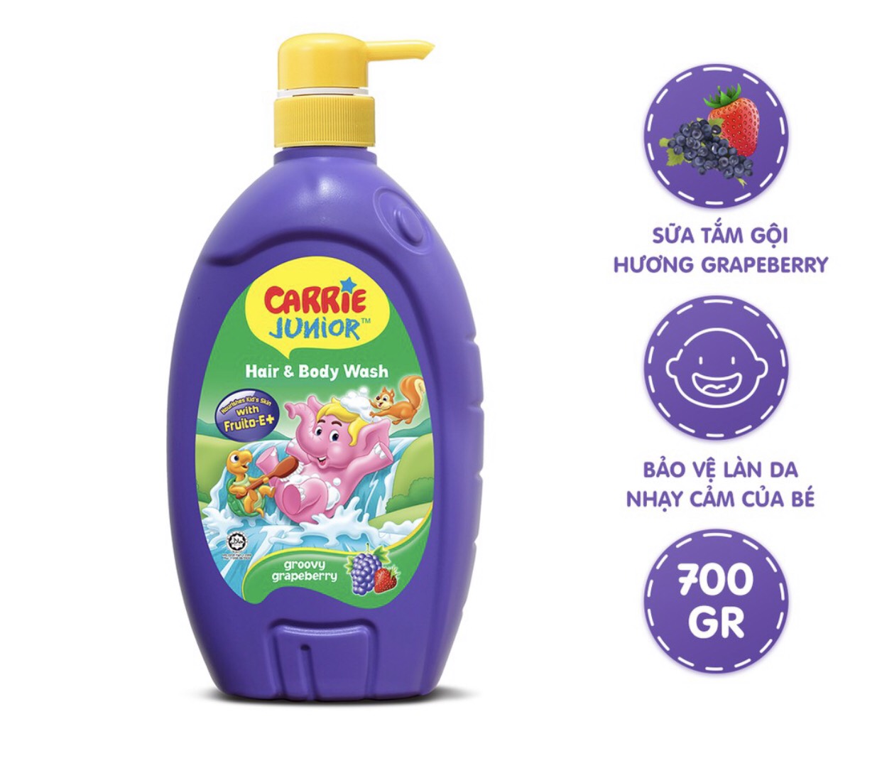 Combo 2 chai tắm gội toàn thân cho trẻ Carrie Junior Hương Grapeberry (700g*2)+ Tặng kèm 1 Voi bông xinh xắn