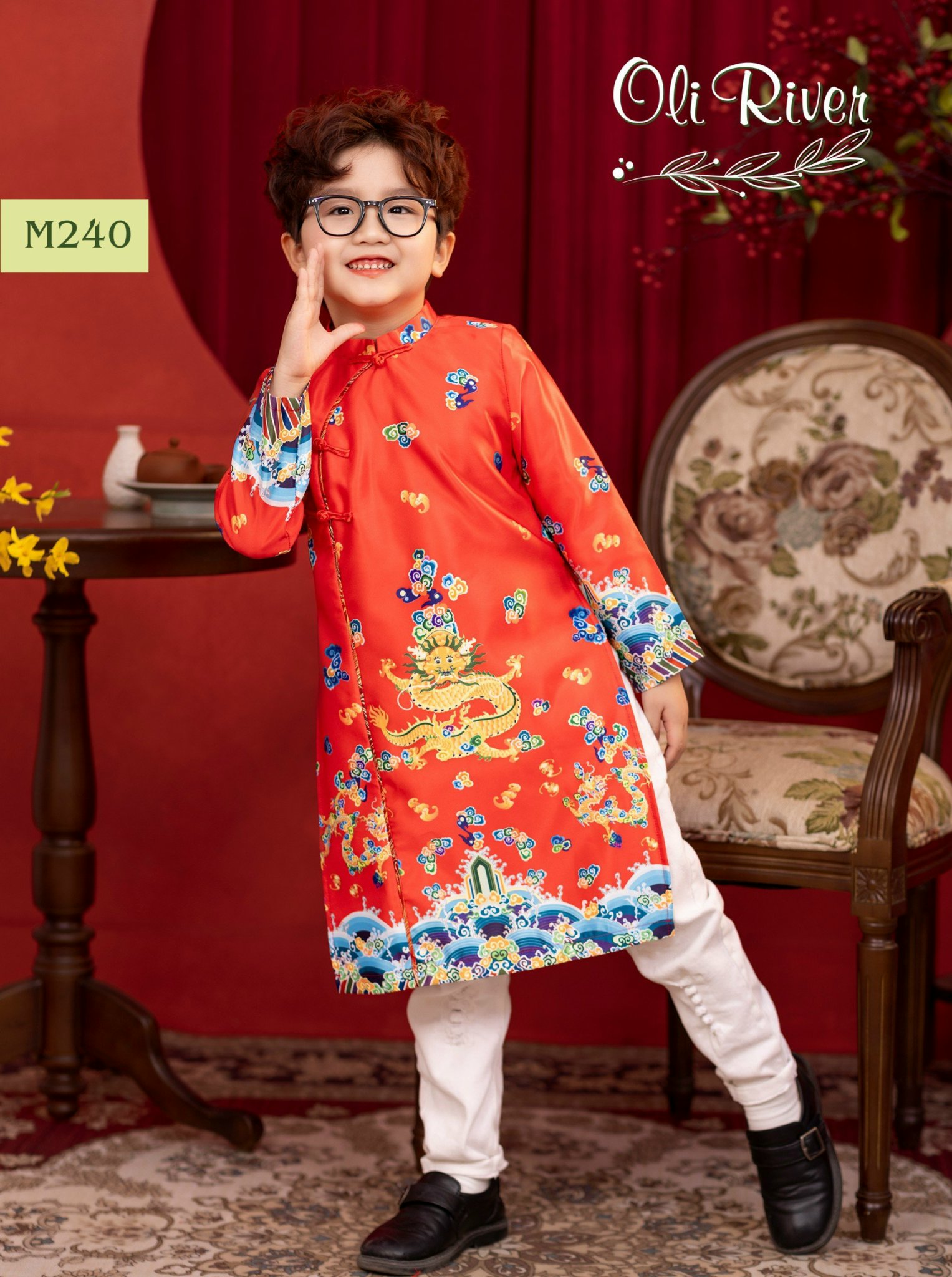 Áo dài cách tân bé trai, Áo tết cho bé 1-11 tuổi rồng vờn mây hàng thiết kế chất liệu tafta mềm mại kiểu dáng thời trang