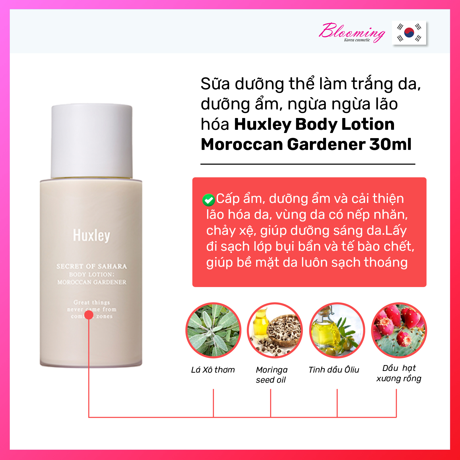 [Mini] Sữa dưỡng thể làm trắng da, dưỡng ẩm, ngừa ngừa lão hóa Huxley Body Lotion Moroccan Gardener 30ml