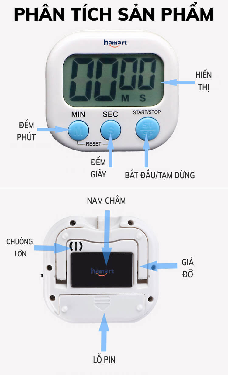 Đồng Hồ Bấm Giờ Học Tập Đếm Ngược 99' Hẹn Giờ Nấu Ăn Hút Nam Châm 4 Màu TẶNG 2 PIN