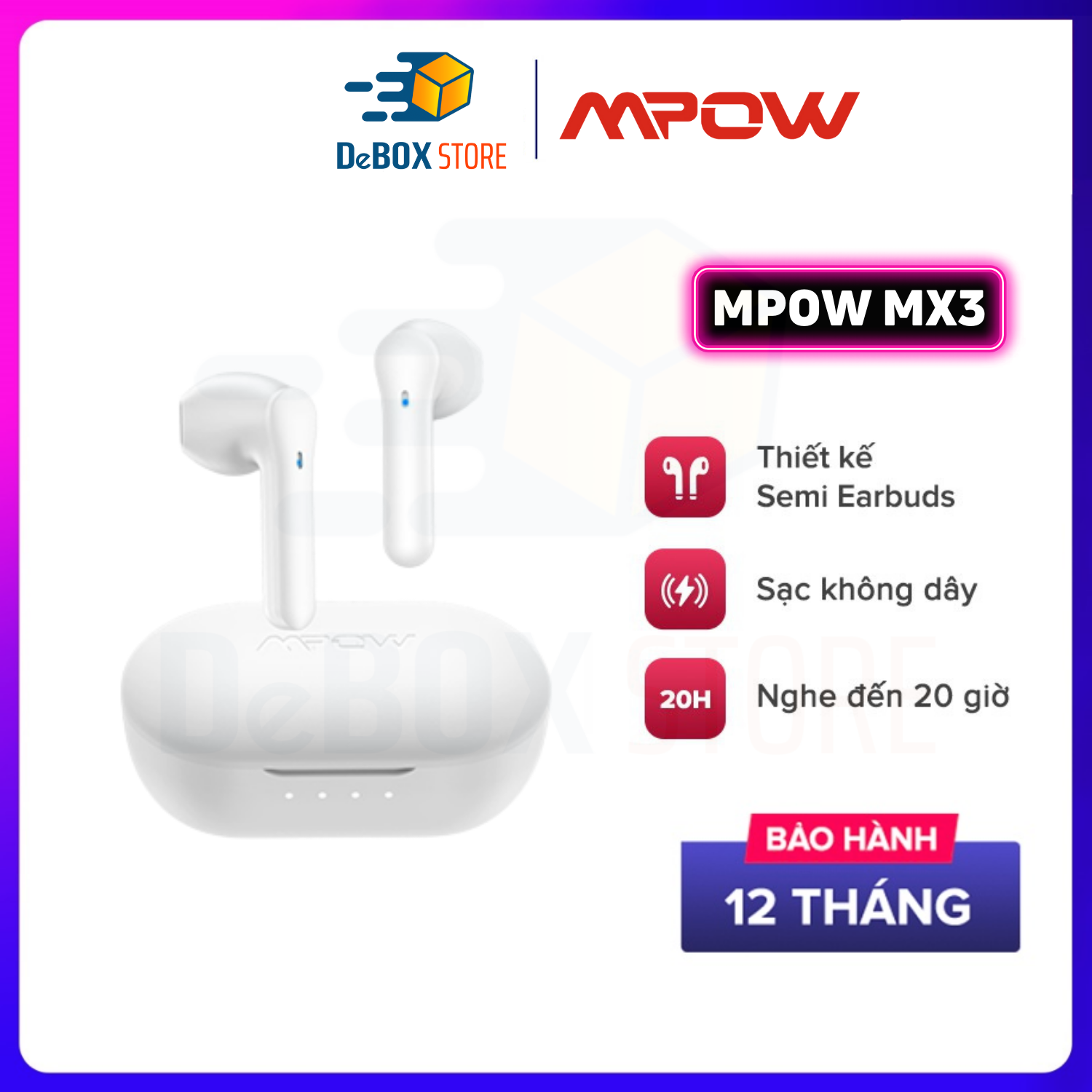 Tai Nghe BlueTrue Wireless MPOW MX3, Sạc Không Dây, BT 5.0, Cảm Ứng, Kháng Nước IPX4, Nghe Đến 25H - Hàng Chính Hãng