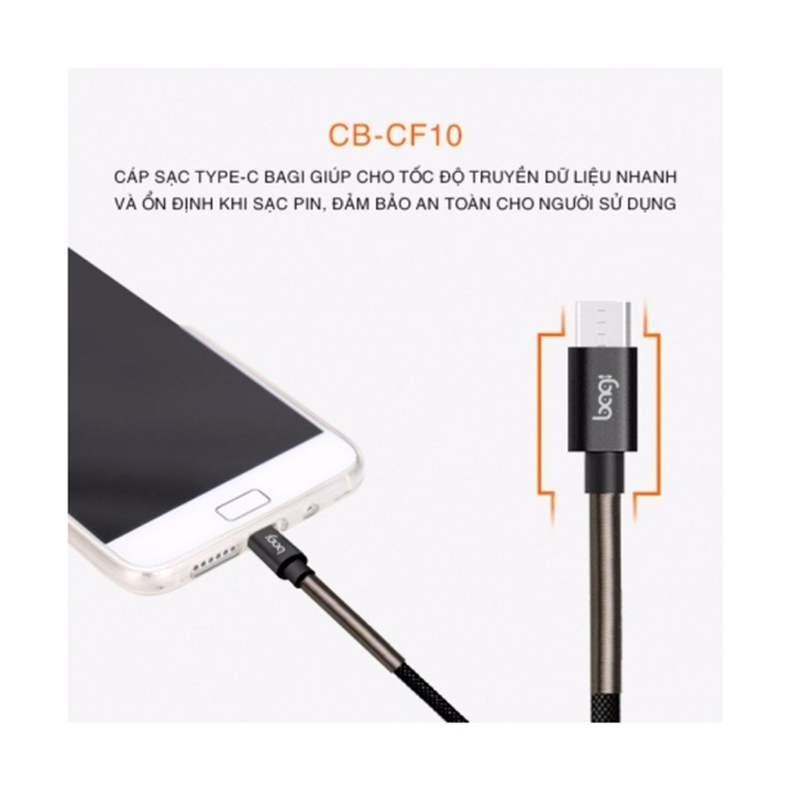 Cáp sạc nhanh Type C lò xo chống đứt Bagi - hàng chính hãng màu đen