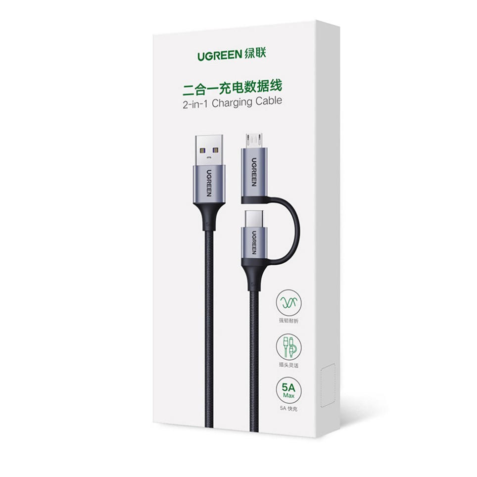 Cáp sạc 2 trong 1 UGREEN US324 - Type C và Micro USB - Vỏ bện nylon, sạc nhanh ổn định - Hàng nhập khẩu chính hãng