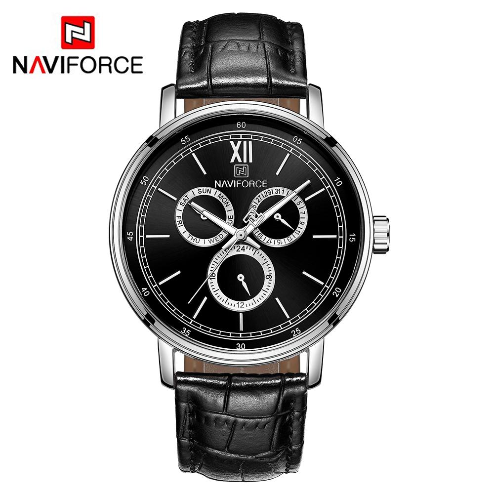 Đồng hồ đeo tay Quartz dây da NAVIFORCE NF3002 -Màu Mặt đồng hồ màu đen vỏ trắng