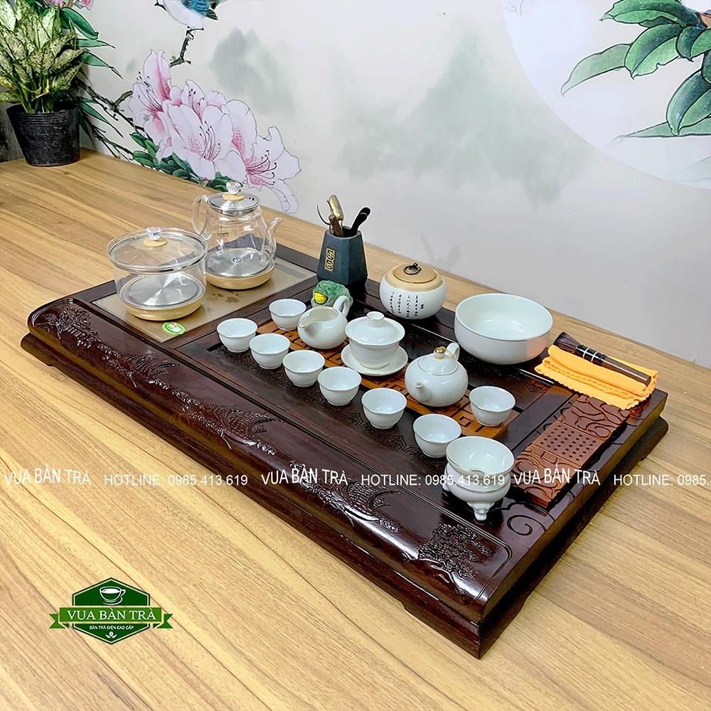 Bộ Bàn Trà Điện Thông Minh Phù Điêu Thuận Buồm Xuôi Gió Chất Liệu Gỗ Mun