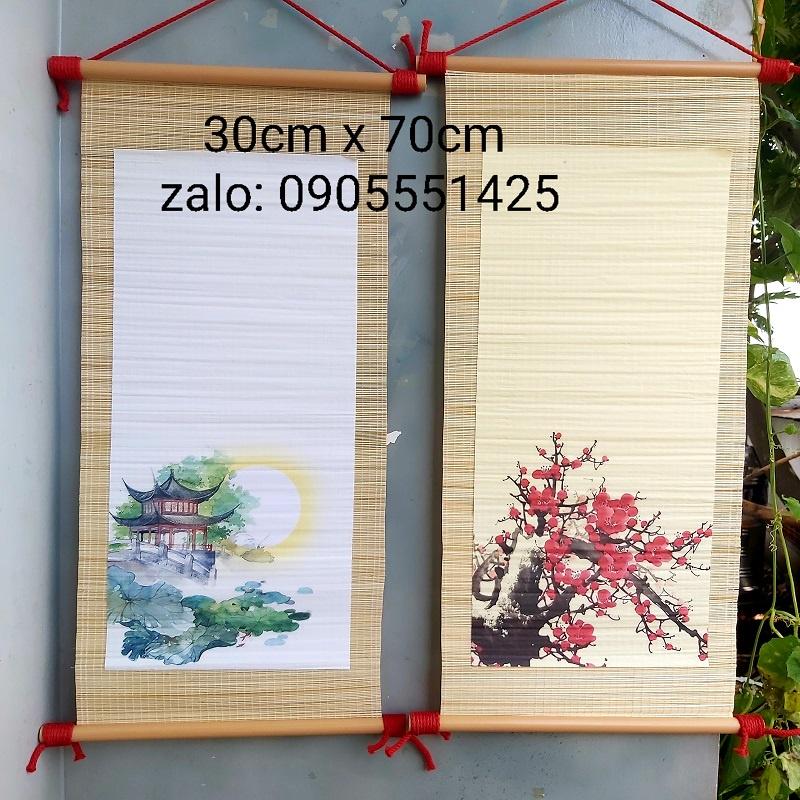 Bộ 4 mành tre viết thư pháp có cảnh kích thước 30cm x 70cm