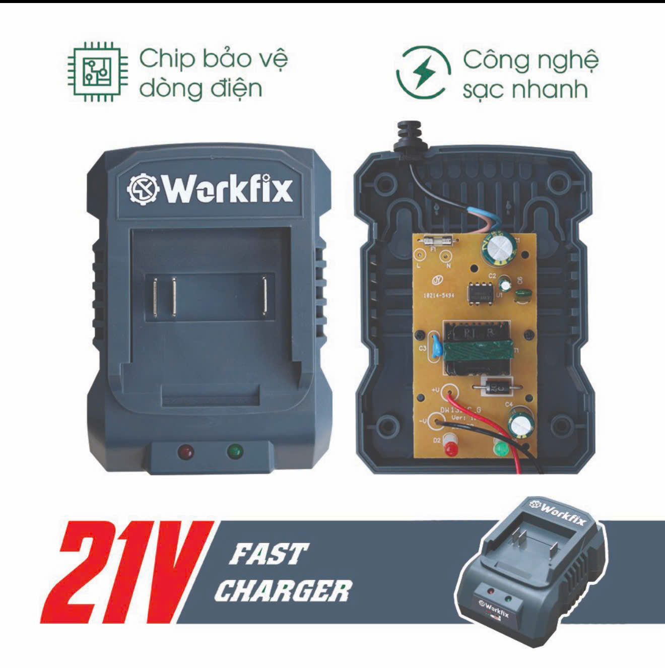 Sạc máy khoan - máy siết bulong - máy bắt vít - Workfik chân sạc phổ thông, sạc nhanh 2.0A - 3.0A - Sạc Đôi 2.5Ax2