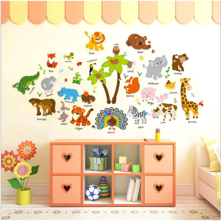 Decal dán tường trang trí - THÚ TIẾNG ANH HOẠT HÌNH MỚI