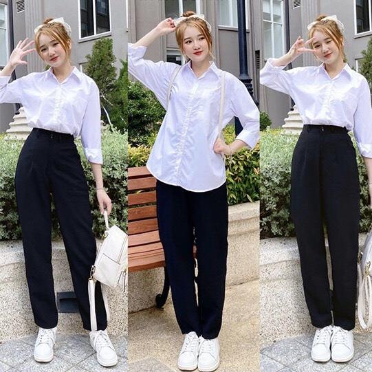 Quần tây nữ lưng cao dáng baggy đi học