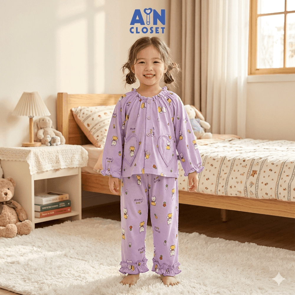 Bộ quần áo Dài bé gái họa tiết Mèo Tim Tím Thun cotton - AICDBGMEO9BM - AIN Closet