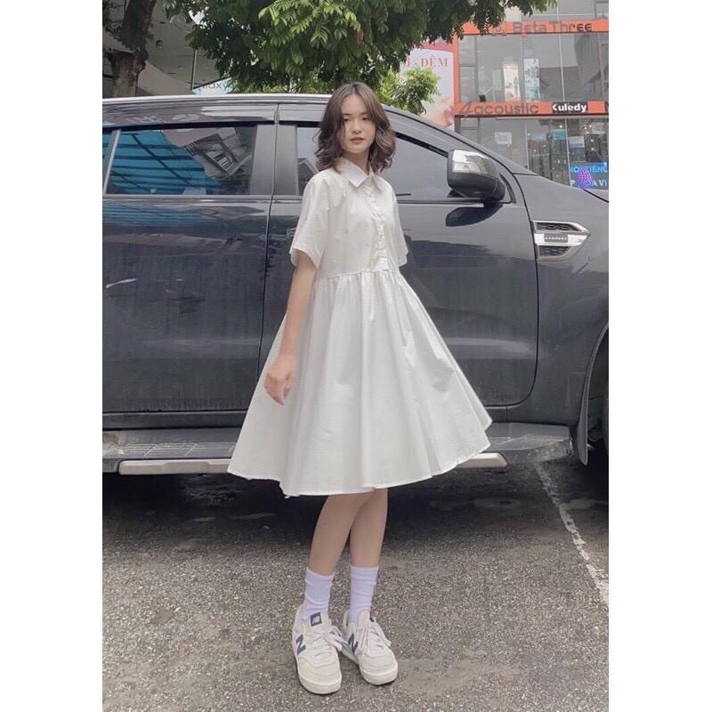 Váy Babydoll Trắng Tay Ngắn Dáng Xòe SANMAY Đầm Đi Dự Tiệc Cưới,Đi Chơi,Form Rộng Cổ Sơ Mi Ulzzang Hàn Quốc VD044