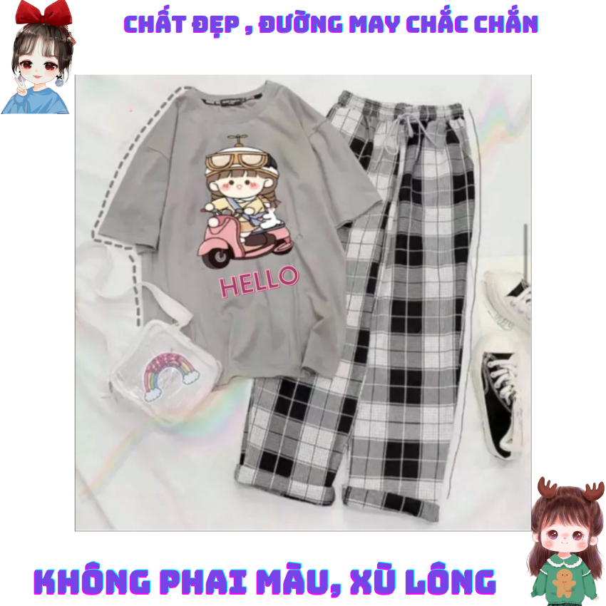 Sét Áo Và Quần, SS06 Sét Đồ Nữ Đi Chơi Đẹp In Hình Cô Gái Lái Xe Dễ Thương, Sét Áo Vải Cotton,Và Quần Kẻ Cá Tính