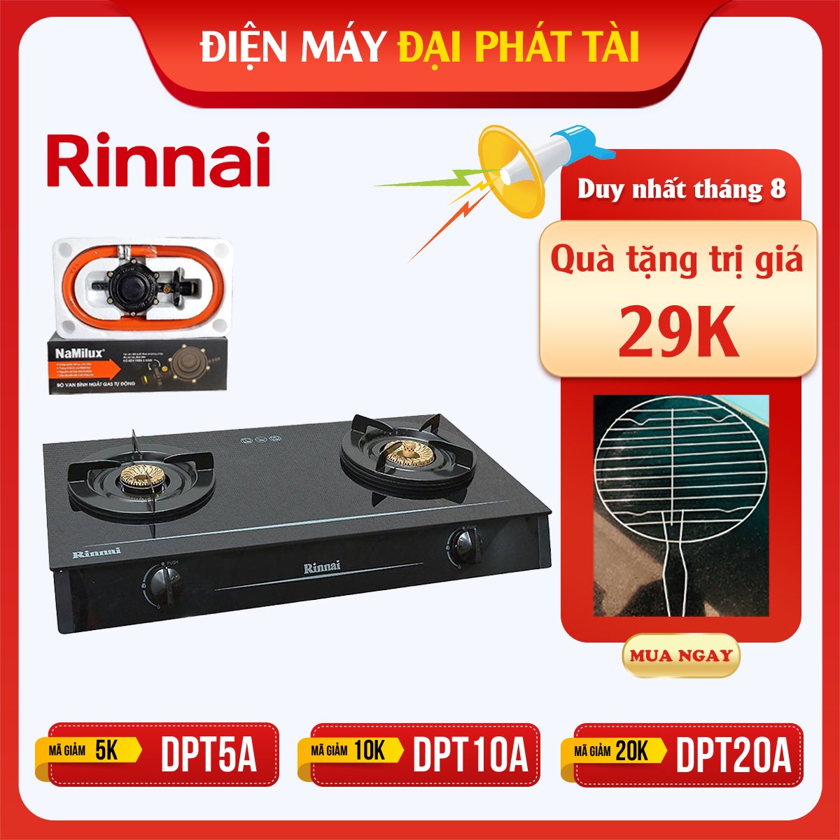 Bếp Gas Dương Đôi Rinnai RV-6 Double Glass Tặng kèm 1 bộ van và dây gas- Hàng chính hãng