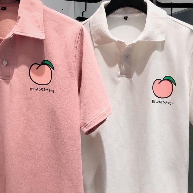 Áo thun Polo có cổ TRÁI ĐÀO màu HỒNG/TRẮNG Nam nữ unisex ️