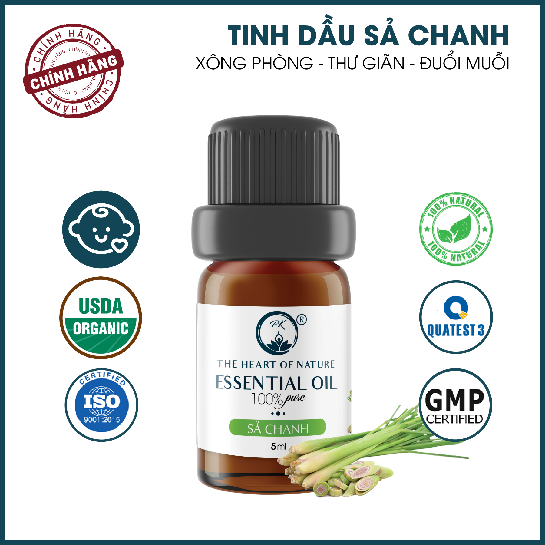 Tinh Dầu Cao Cấp Sả Chanh PK 100ml - Tinh Dầu Sả Chanh Thơm Phòng, Đuổi Muỗi, Thư Giãn - Chứng Nhận Hữu Cơ Organic FDA Hoa Kỳ duy nhất Việt Nam