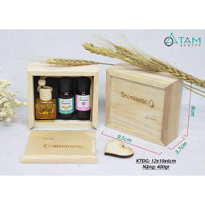 Set Hộp gỗ chai tinh dầu treo xe ô tô + 2 chai tinh dầu Scentastic 10ml TD-TX-01