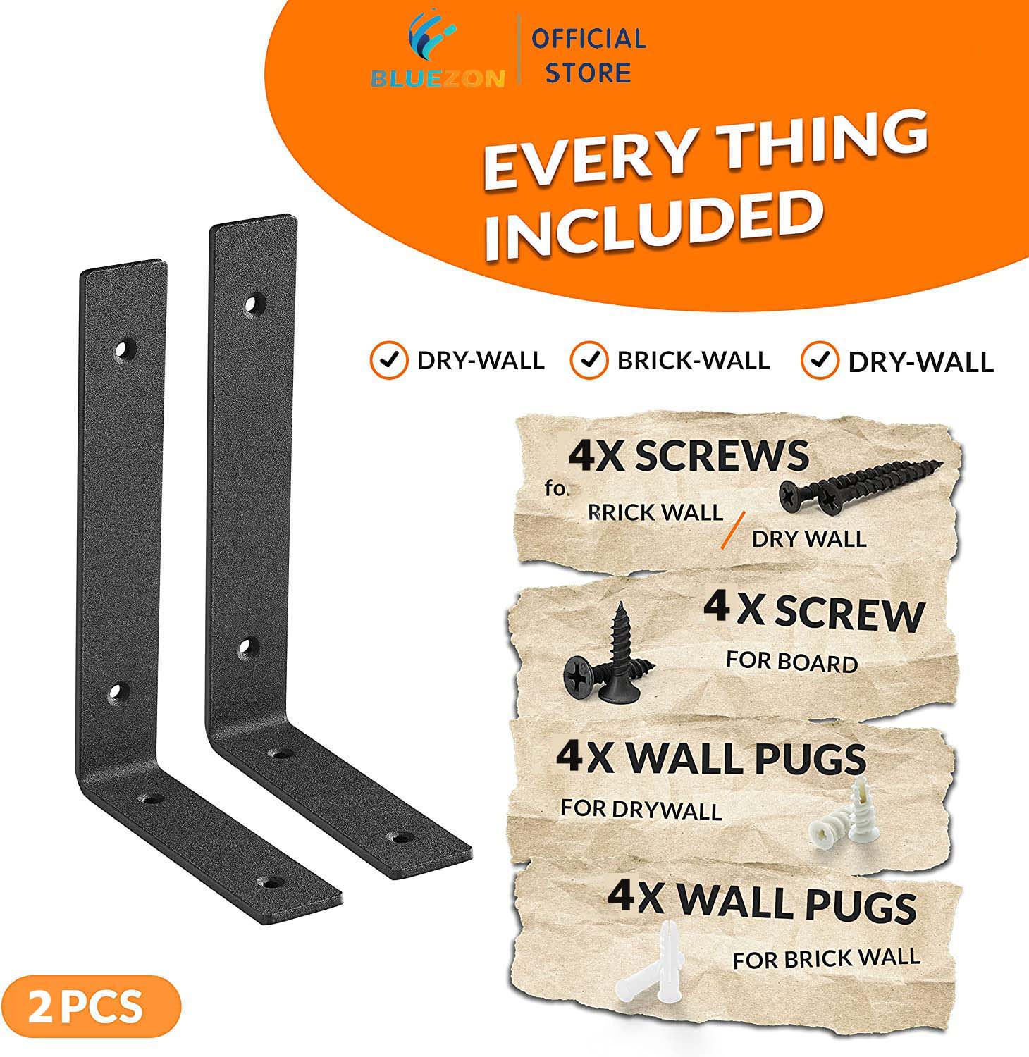 Bộ 2 giá treo chữ L 20cm, ke chữ L bằng thép phủ sơn tĩnh điện màu đen, kèm phụ kiện vít tắc kê