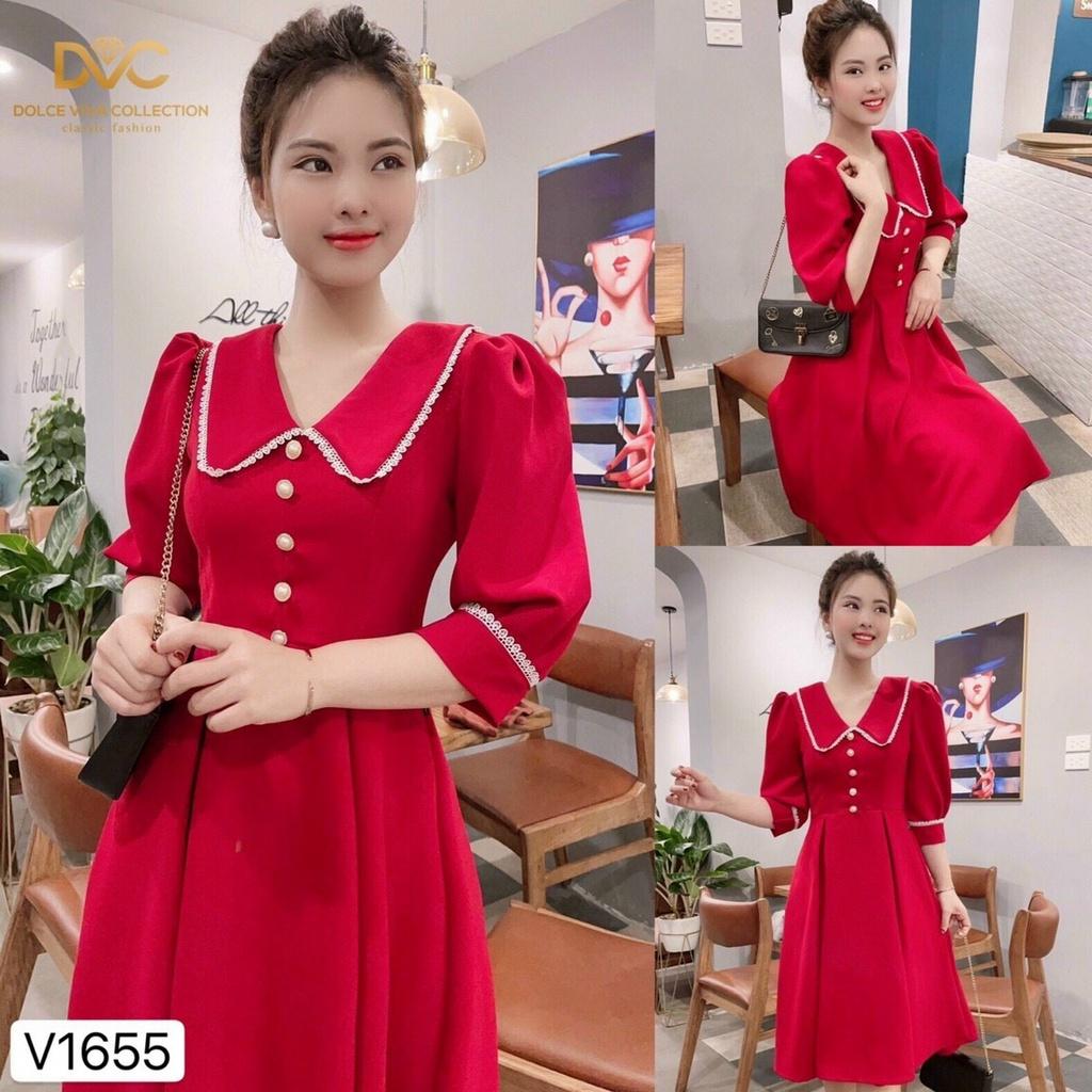 Đầm đỏ xoè phối viền ren tay phồng đính nút xinh xắn