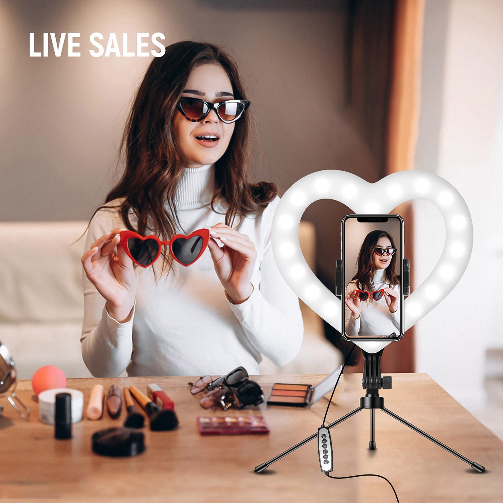 10 Inch RGB Video Light Heart-Shaped LED Fill Light Dimmable USB Powered with Phone Holder Desktop Stretch Light Stand