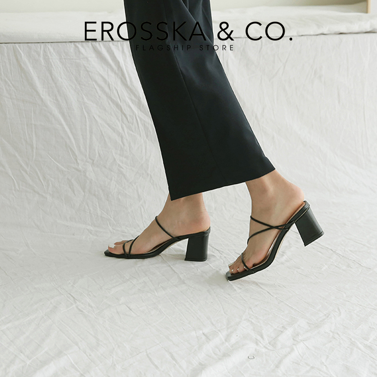 Dép cao gót Erosska mũi vuông phối dây kiểu dáng Hàn Quốc cao 7cm EM074