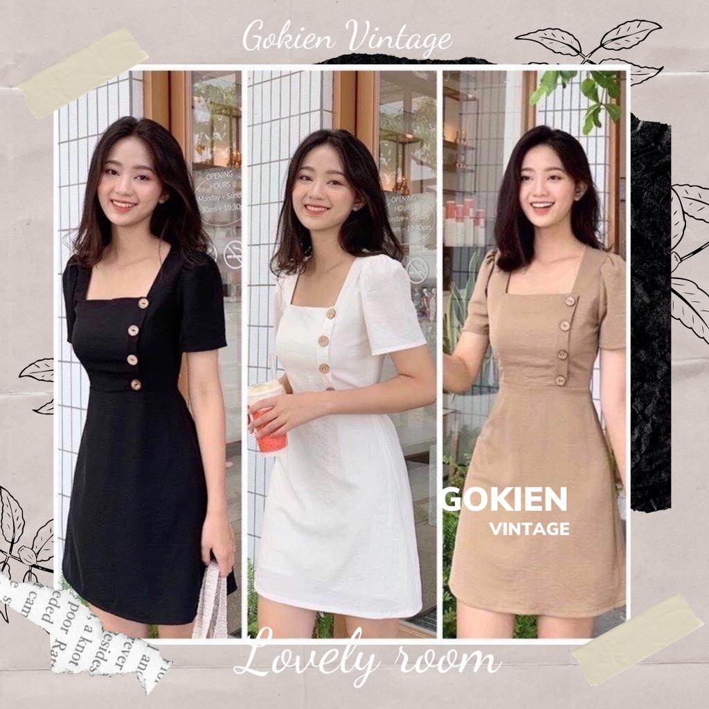 Váy chữ A cổ vuông phối nút gỗ Basic phong cách Hàn Quốc, Gokien Vintage