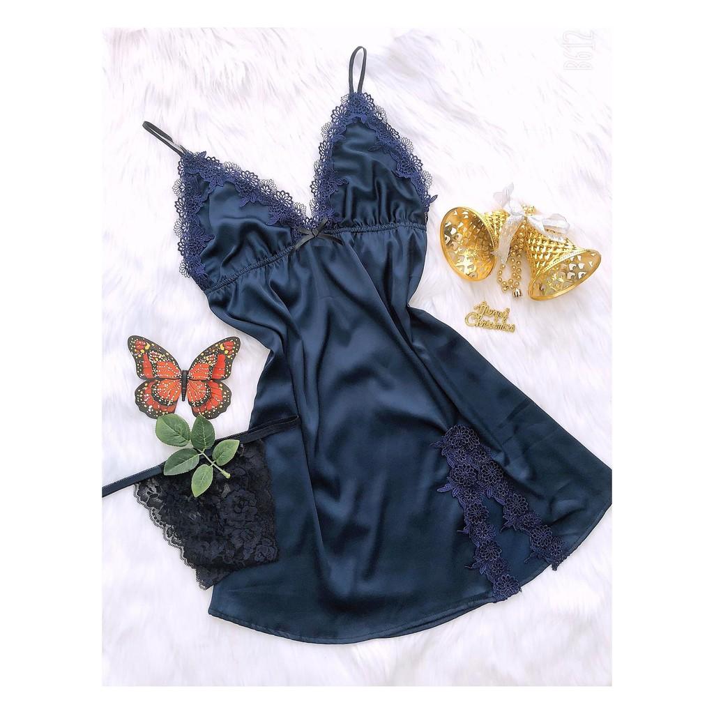 Váy ngủ lụa đan dây chéo ngực sexy pha ren cao cấp tặng kèm chip ren gợi cảm xinh xắn