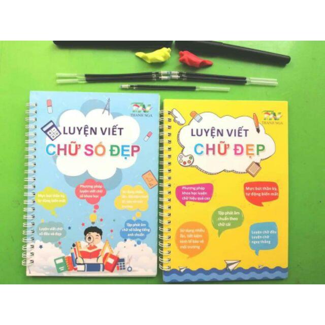 Bộ 3 cuốn vở viết tự xóa Thanh Nga: luyện nét cơ bản, luyện chữ, số đẹp kèm 03 bút, 09 ngòi và 03 đệm tay bút cho bé