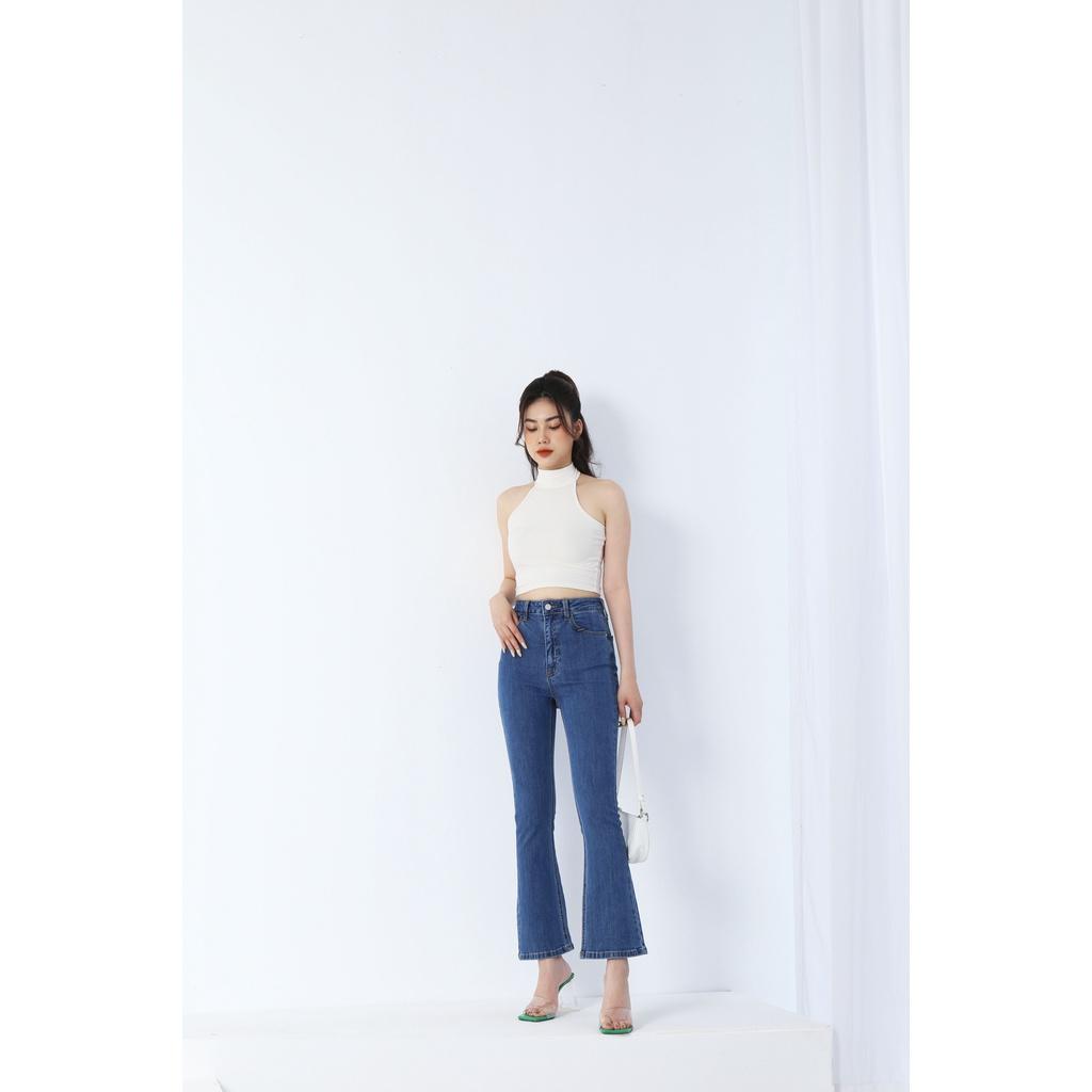 Quần Jean Nữ Ống Loe Vintage Lưng Cao Co Giãn Trơn Gấu Thường CT JEANS