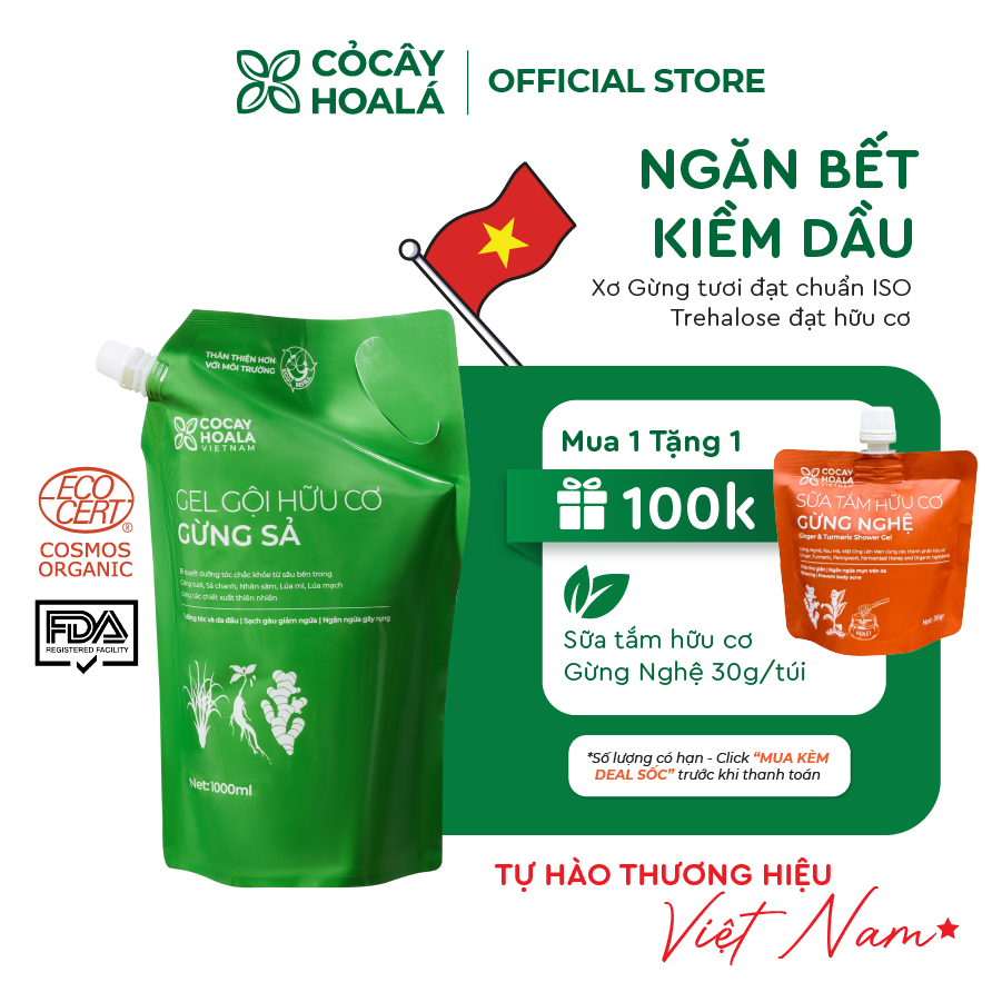 Dầu Gội Thảo Dược Hữu Cơ Cỏ Cây Hoa Lá Gừng Sả Kích Mọc Tóc, Ngăn Tóc Bết Dầu Túi Refill 1000gr