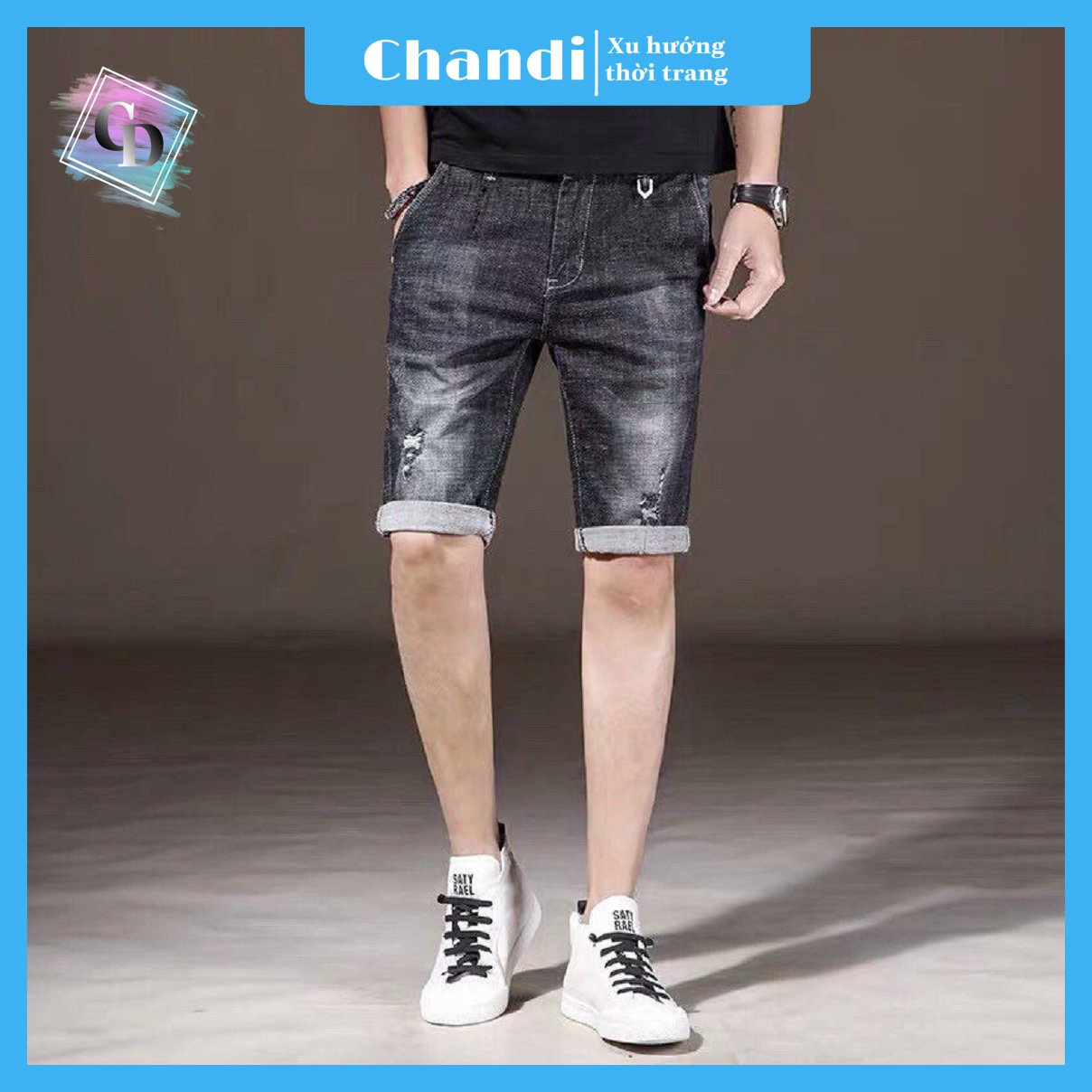 Quần Short Jean Nam co dãn kiểu dáng trẻ trung đơn giản thêu họa tiết Thương Hiệu Chandi, quần sọt mẫu hot nhất HD212