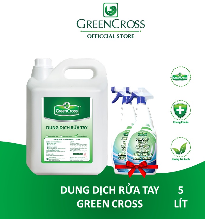 DUNG DỊCH RỬA TAY KHÁNG KHUẨN GREEN CROSS CAN 5L - Tặng thêm 1 chai xịt khuẩn bề mặt Green Cross A2