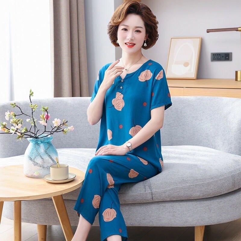 Bộ mặc nhà trung niên quần dài chất cotton cực mát