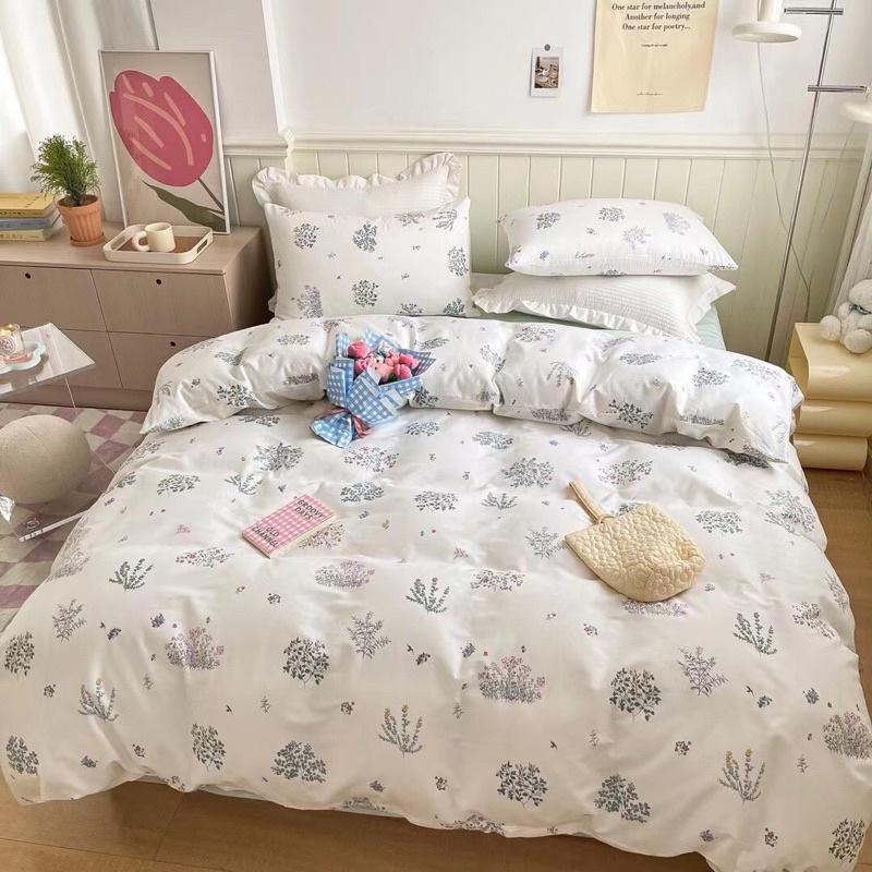 Bộ Chăn Ga Gối Cotton Living Hàng Nhập Khẩu 4 Món Lá Nhí Trắng