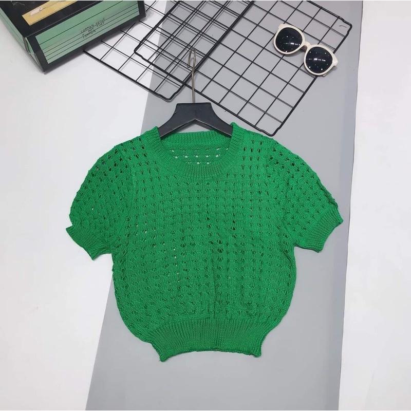 Áo len mongtoghi lỗ cộc tay cổ tròn trơn cho nữ hàng QC