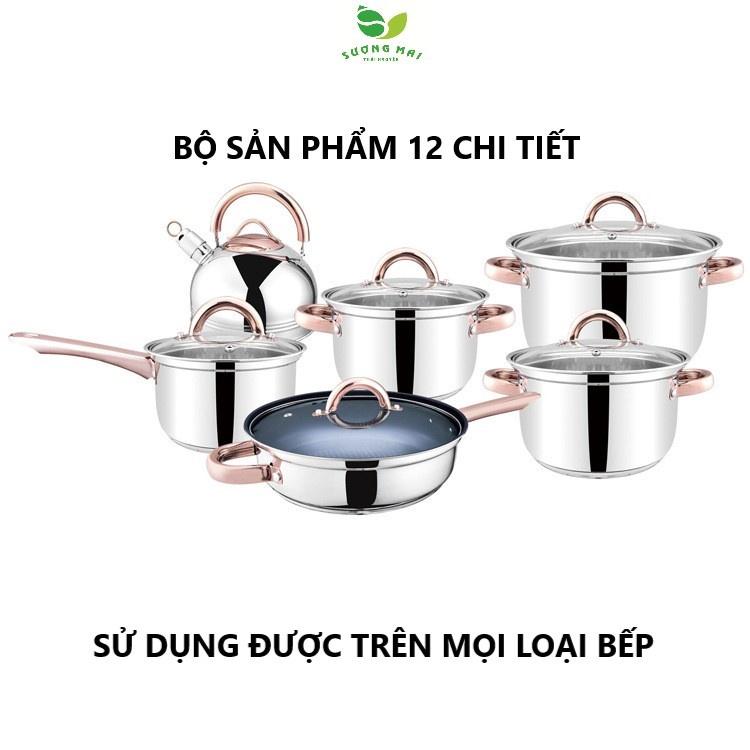Bộ Nồi Inox 12 Món Nắp Kính 5 Đáy, Sang Trọng