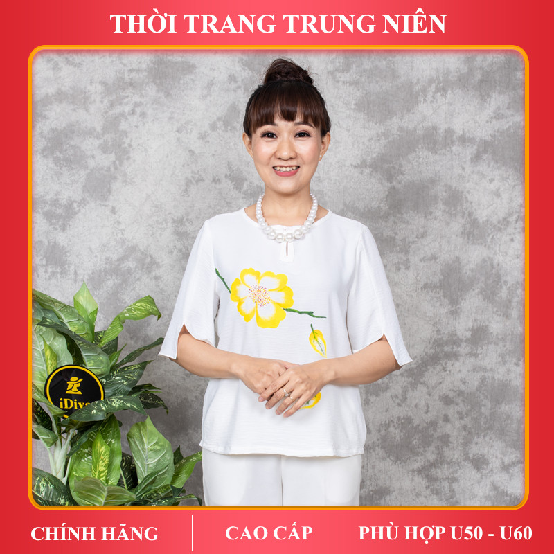 Áo trung niên iDiva A16-95, chất liệu lụa cao cấp, hoa vẽ thủ công sang trọng, dáng suông phù hợp U50 dự tiệc &amp; dạo phố